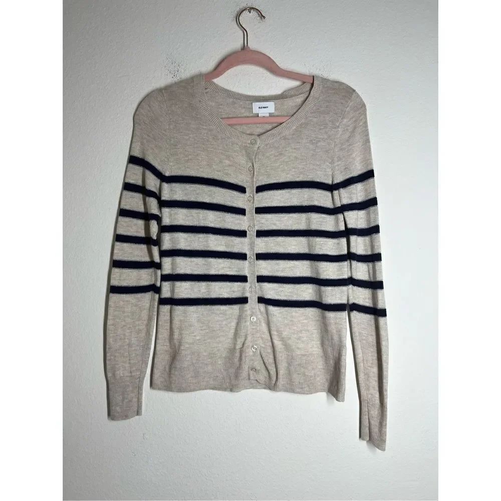 Old Navy Beige Navy Nautical Stripe Silver Lurex Accent Cardigan Sweater Size XS